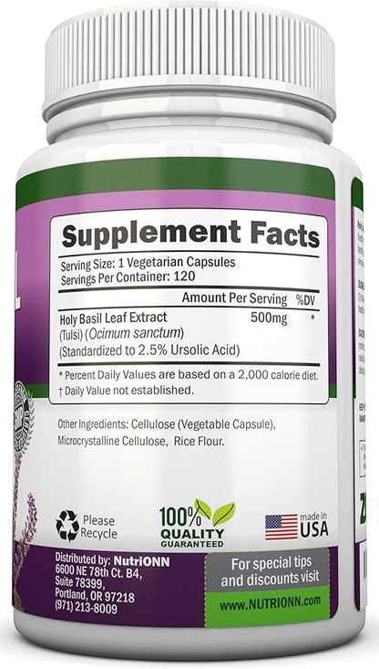 Holy Basil Leaf Capsules - 500mg - 2.5% Ursolic Acid - 120 Vegan Capsules - Real Tulsi Extract Supplement - Positive Mindset - Adaptogenic & Ayurvedic Herb