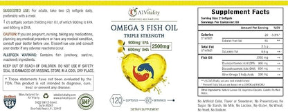 Omega 3 Triple Strength EPA DHA Supplement - 2500mg Lemon Flavored Burpless Fish Oil - High Potency 900mg EPA 600mg DHA Supports Circulation, Brain, Heart, Eye, Skin, Bone & Joints - 120 Softgels