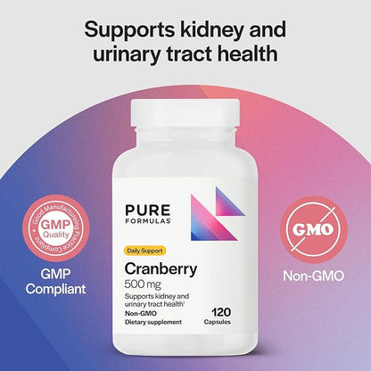 PureFormulas Cranberry 500 mg - Supports Kidney and Urinary Tract Health - Antioxidant Supplement for Immune Protection and Cellular Health - Cranberry Pills for Women & Men - Non-GMO - 120 Capsules