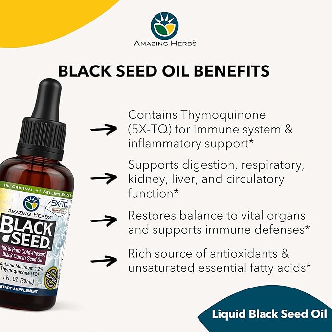 Amazing Herbs Premium Black Seed Oil - Gluten Free, Non GMO, Cold Pressed Nigella Sativa Aids in Digestive Health, Immune Support, Brain Function, Joint Mobility - 1 Fl Oz