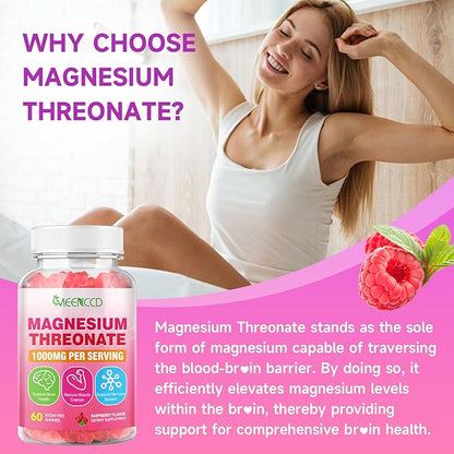 Magnesium Threonate Gummies 1000mg, Magnesium L-Threonate Supplement for Kids & Adults, Muscle & Nervous System Support, Non-GMO, Sugar-Free, Raspberry Flavor, 60 Count