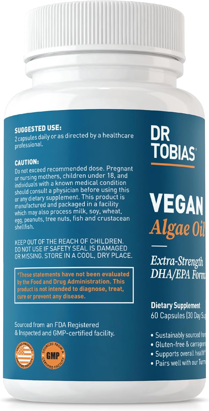 Dr. Tobias Vegan Omega 3 Supplement, 1400mg Algae Oil, 420mg DHA, and 210mg EPA per Serving, Non-GMO, Gluten-Free, Carrageenan-Free, 60 Capsules, 30 Servings