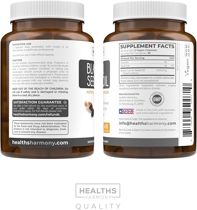 Black Seed Oil - 60 Softgel Capsules (Non-GMO & Vegan) Premium Cold-Pressed Nigella Sativa Producing Pure Black Cumin Seed Oil with Vitamin E - 500mg Each, 1000mg Per 2 Capsule Serving