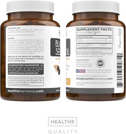 Black Seed Oil - 60 Softgel Capsules (Non-GMO & Vegan) Premium Cold-Pressed Nigella Sativa Producing Pure Black Cumin Seed Oil with Vitamin E - 500mg Each, 1000mg Per 2 Capsule Serving