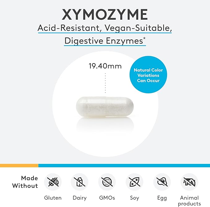 XYMOGEN XymoZyme - Vegan, Multi-Enzyme Digestive Supplement - Plant-Based Digestive Enzymes for Women & Men - Support Gut Health + Nutrient Absorption - Breakdown Lactose, Beans & More (60 Capsules)