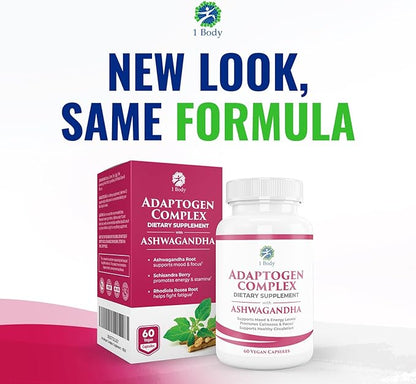 1 Body Ashwagandha Complex Supplement, Focus and Energy Support, 120 Vegan Capsules