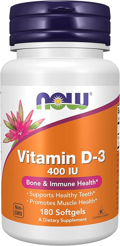 NOW Supplements, Vitamin D-3 400 IU, Strong Bones*, Structural support*, 180 Softgels