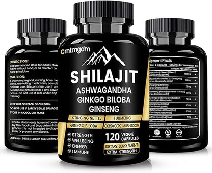 Shilajit Capsules - 20,000mg Pure Himalayan Organic Shilajit for Men & Women with Ashwagandha, Supports Vitality and Wellness, Premium Shilajit Pure Himalayan Supplement, 120 Capsules