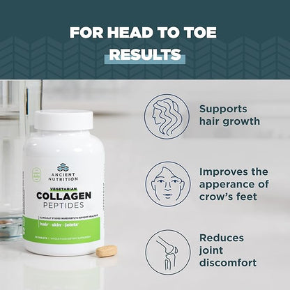Ancient Nutrition Vegetarian Collagen Peptides, Collagen Peptides Tablets, Collagen with Prebiotics and Probiotics, Supports Healthy Skin, Hair, Joints, Digestion, Vegetarian Capsules, 30 Count