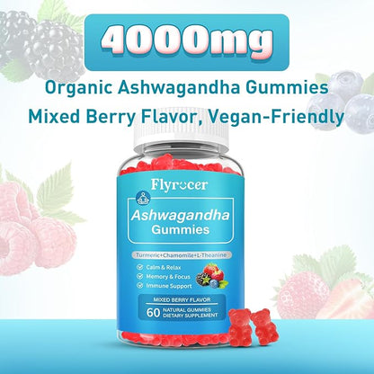 2 Pack Ashwagandha Gummies, Organic Ashwa Root Extract Supplement for Women & Men, Vegan, Gluten-Free, Mixed Berry Flavor, 120 Count