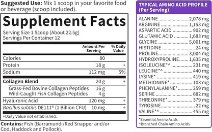 Garden of Life Marine & Grass-Fed Collagen Peptides Powder Supplement (Type I, III) with Probiotics, BCAAs & Hyaluronic Acid for Radiant Hair, Skin & Nails – Unflavored, 20g per Serving, 12 Servings