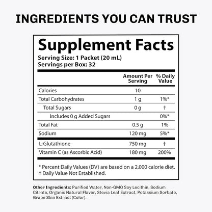 Aurora Nutrascience Mega-Liposomal Liquid Glutathione, Immune & Antioxidant Gut Health Support Supplement, 750 mg per Serving, Non-GMO, Sugar-Free, 32 Single Serve Packets