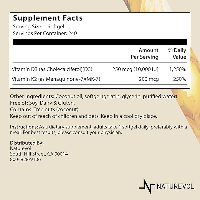 Vitamin D & K Complex with Coconut MCT Oil | D3 10000 IU Plus K2 (MK-7) 200 mcg for Healthy Muscle Function & Immune Support | Easy to Swallow | Soy & Gluten Free - Mini Softgels (240 Servings)