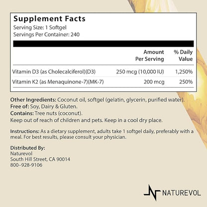 Vitamin D & K Complex with Coconut MCT Oil | D3 10000 IU Plus K2 (MK-7) 200 mcg for Healthy Muscle Function & Immune Support | Easy to Swallow | Soy & Gluten Free - Mini Softgels (240 Servings)