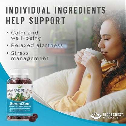 RidgeCrest Herbals SereniZen Gummies with Ashwagandha, GABA, L-Theanine, Chamomile & Lemon Balm, Supports Relaxation & Calm, Stress Management, Sleep. Daily Health Supplement, 60 Ct, 1-2 Month Supply
