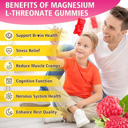Magnesium L-Threonate Gummies 1000MG, Magnesium Threonate Supplement for Kids & Adults, Muscle & Nervous System Support, Sugar-Free, Raspberry Flavor, 60 Count