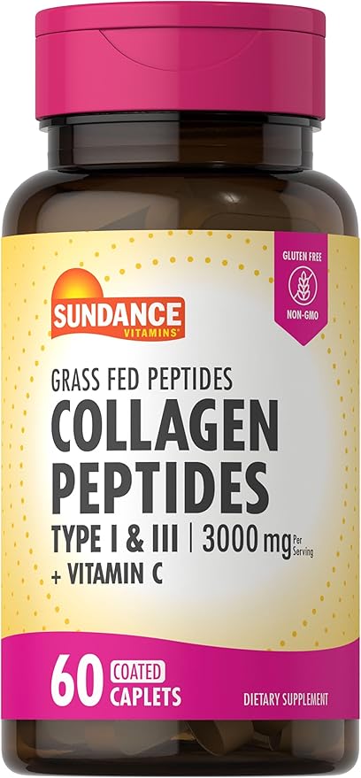 Sundance Collagen Peptides Pills | 3000mg | Type I & II with Vitamin C | 60 Caplets | Non-GMO & Gluten Free Supplement
