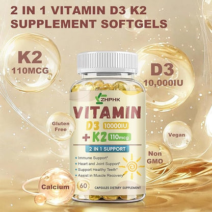D3 K2 Vitamin 10,000 IU, K2 Vitamin with D3 Supplement High Potency Non-GMO Formula, Immune Supports, Bone & Heart Health Microingredients Vitamin D3 K2 Complex (MK-4 & MK-7), 60 Softgels