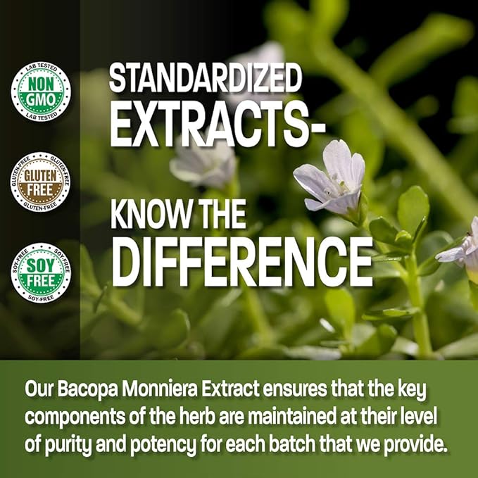 Bronson Bacopa Monnieri Extract 500 mg - Promotes Mental Clarity and Brain Function - Non GMO, 90 Vegetarian Capsules