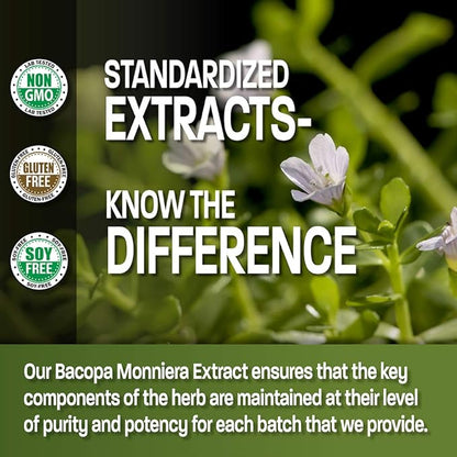 Bronson Bacopa Monnieri Extract 500 mg - Promotes Mental Clarity and Brain Function - Non GMO, 90 Vegetarian Capsules