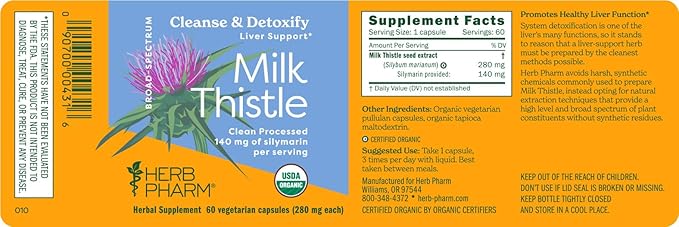 Herb Pharm Milk Thistle Seed Extract w/140 mg Silymarin for Liver Support - 60 Vegetarian Capsules