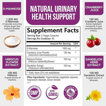 D-Mannose with Cranberry, Hibiscus & Dandelion 1350mg Advanced Formula – Urinary Tract Support Supplement for Women & Men – Flush & Cleanse Impurities – Non-GMO, Vegan for Women & Men – 120 Capsules