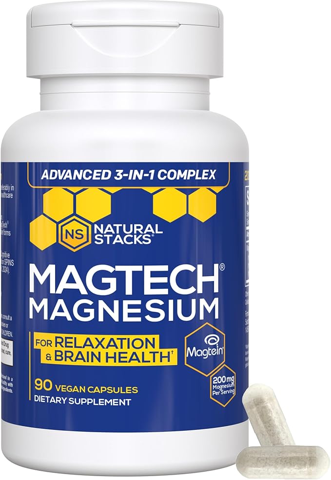 MagTech Magnesium Supplement - 3 Forms of Magnesium: Magtein L-Threonate, Glycinate & Taurate - 200mg Chelated Magnesium Complex - Supports Relaxation & Brain Health - 90 Capsules