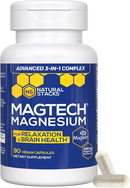 MagTech Magnesium Supplement - 3 Forms of Magnesium: Magtein L-Threonate, Glycinate & Taurate - 200mg Chelated Magnesium Complex - Supports Relaxation & Brain Health - 90 Capsules