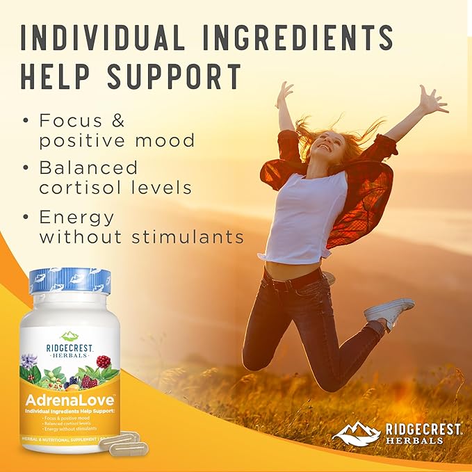 Ridgecrest Herbals AdrenaLove, Stress and Energy Support Supplement with Ashwagandha, L-Theanine, Ginseng, Schisandra, Taurine, Holy Basil, Adaptogens, B Vitamins (60 Vegan Caps, 30 Serv)