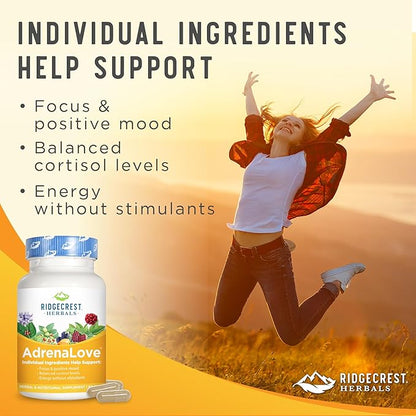 Ridgecrest Herbals AdrenaLove, Stress and Energy Support Supplement with Ashwagandha, L-Theanine, Ginseng, Schisandra, Taurine, Holy Basil, Adaptogens, B Vitamins (60 Vegan Caps, 30 Serv)