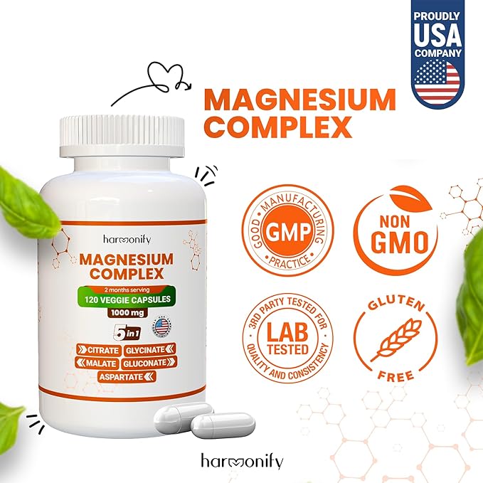 Magnesium Glycinate Citrate Malate Aspartate Gluconate, 5 in 1 Formula, 120 Purified Veggie Capsule, 1000 mg, Gluten Free, Non-GMO, 60 Days Serving