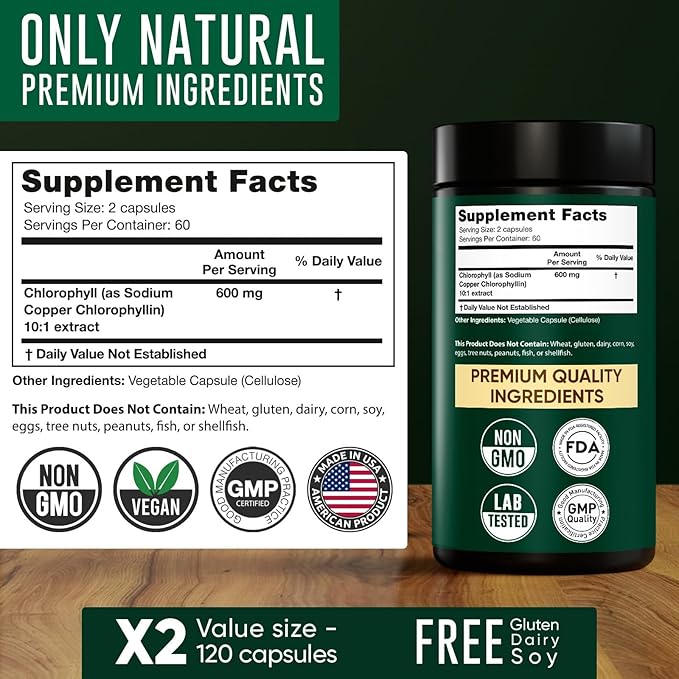 Chlorophyll Capsules 600 mg - Natural Chlorophyll Pills for Women & Men - Highly BioAvailable Chlorophyll Supplement for Energy, Immunity, Skin + Internal Deodorant