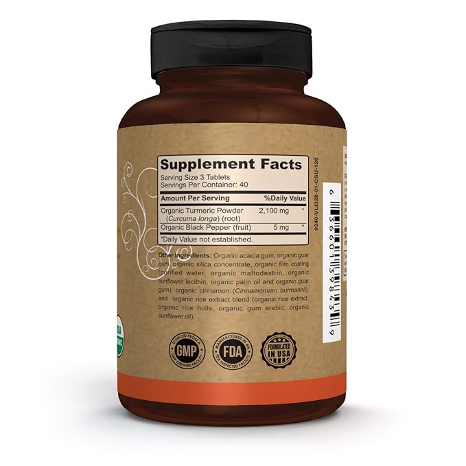 Pomona Wellness Organic Turmeric Supplement 2100 mg, USDA Organic, Non-GMO, Vegan, Turmeric Curcumin with Black Pepper for Absorption, for Joint Support and Immunity, 120 Tablets