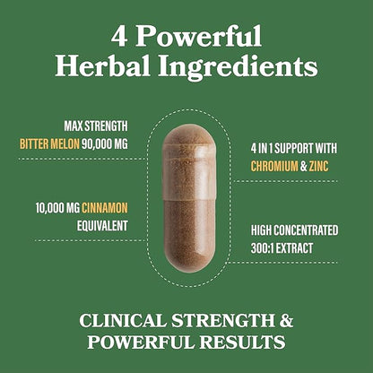 DAIKEN Bitter Melon, Cinnamon & Chromium, 90,000 mg Equivalent Per Serving Extra Strength, 100% Vegetarian Bitter Melon Capsules with Cinnamon Chromium & Zinc, 60 Capsules