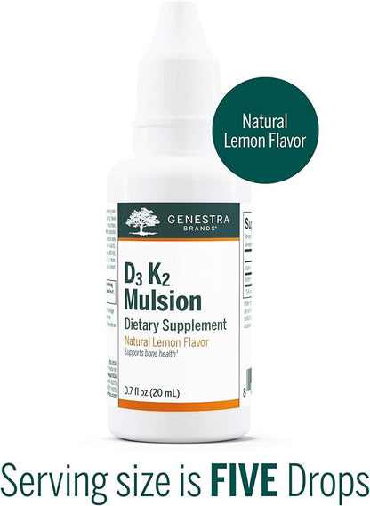 Genestra Brands D3 K2 Mulsion - Liquid Vitamins for Bone Health - Natural Lemon - 122 Servings