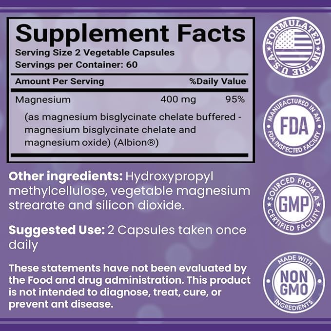Magnesium Glycinate 400 mg, [120 ct] Maximum Absorption Chelated & Purified Magnesium Supplement Capsules, Magnesium for Sleep, Energy, Muscle, Bone & Joint Support, Non-GMO, 2 Month Supply