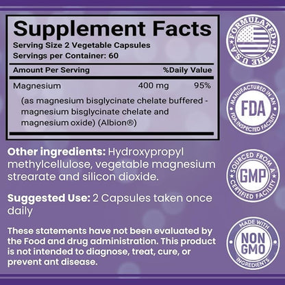 Magnesium Glycinate 400 mg, [120 ct] Maximum Absorption Chelated & Purified Magnesium Supplement Capsules, Magnesium for Sleep, Energy, Muscle, Bone & Joint Support, Non-GMO, 2 Month Supply