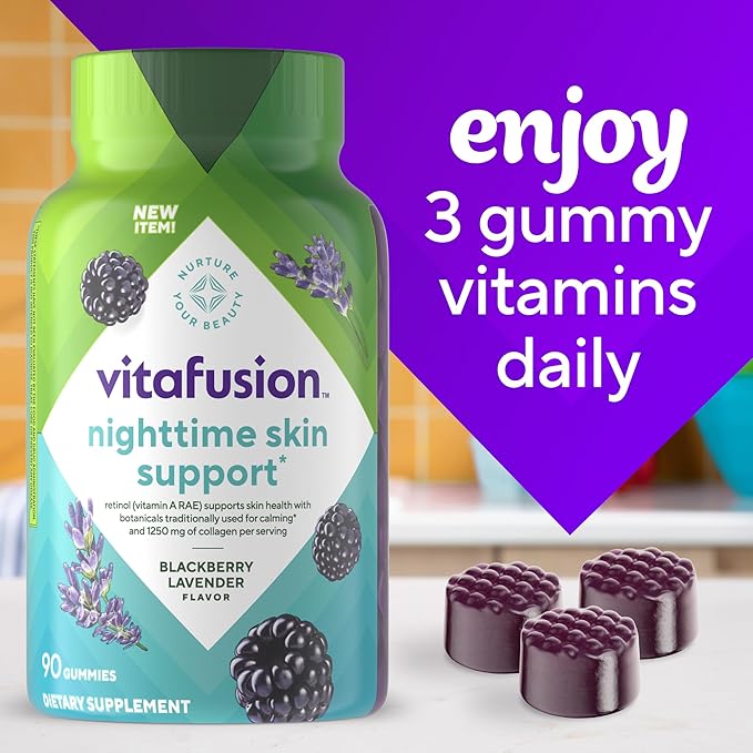 Vitafusion Nighttime Skin Support (1), Beauty Supplement with Retinol (Vitamin A RAE), Collagen & Bedtime Botanicals, BlackBerry Lavender Flavor, 90 Count