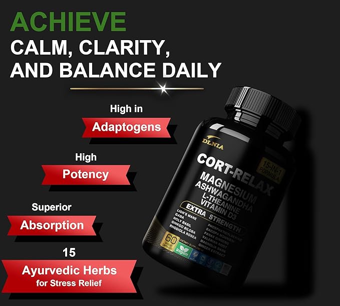 Super Calm Cortisol Supplement with Magnesium Glycinate, Ashwagandha, L-Theanine, Phosphatidylserine, Ginkgo Biloba & Lions Mane for Calm, Focus, Mental Clarity, Relaxation, Sleep, Energy
