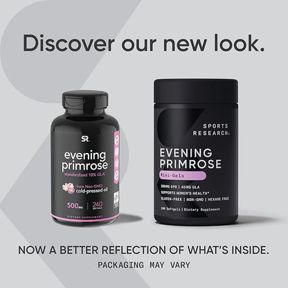 Sports Research Evening Primrose Oil (500mg) Cold-Pressed with No fillers or Artificial Ingredients, Non-GMO Tested - Gluten & Soy Free (240 Liquid Softgels)