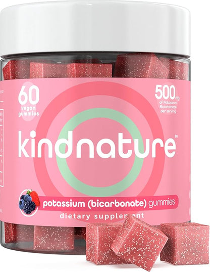 Kind Nature High Potassium Supplement Gummies 500mg - Chewable for Adults & Kids - Pure Potassium Bicarbonate Mineral Supplement - Vegan, Gluten Free, Non GMO - 60 Gummies (30 Day Supply)