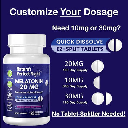 Nature's Perfect Night | Melatonin 20mg | 180 Quick Dissolve Tablets, 2-Pack | Natural Mixed Berry Flavor |High Potency | Sugar Free | Vegan | Gluten Free | 2 Count