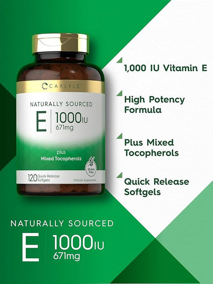 Carlyle Vitamin E with Mixed Tocopherols | 1000 IU | 120 Softgels | Naturally Sourced Supplement | Non-GMO and Gluten Free Formula