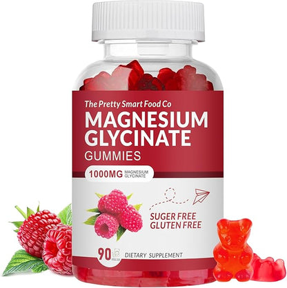Magnesium Glycinate Gummies 1000mg - 90 Ct | Magnesium Potassium Supplements for Relaxation, Stress Relief, with Vitamin D, B6, CoQ10 for Calm Mood & Sleep Support - Raspberry Gummies