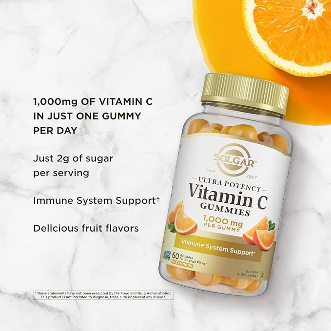 Solgar Vitamin C Gummies for Adults 1,000mg Ultra Potency Vitamin C Immune System Support for Women & Men - Tasty Tart Orange Flavor, Vegan & Gluten-Free Gummy, 2 Month Supply, 60 Servings, 2g Sugar