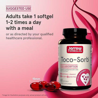 Jarrow Formulas® Toco-Sorb Cardiovascular Health and Brain Function Support, High Absorption Formula, Tocotrienol-Tocopherol Complex and Vitamin E, 60 Softgels, 30 Day Supply