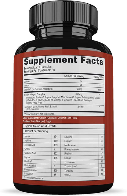 Wholesome Wellness Super-Absorb Multi Collagen Pills (Type I II III V X) Organic Herbs & Bioperine - Hair, Skin, Nails, Joints - Hydrolyzed Peptides Protein Supplement for Women & Men (90 Capsules)
