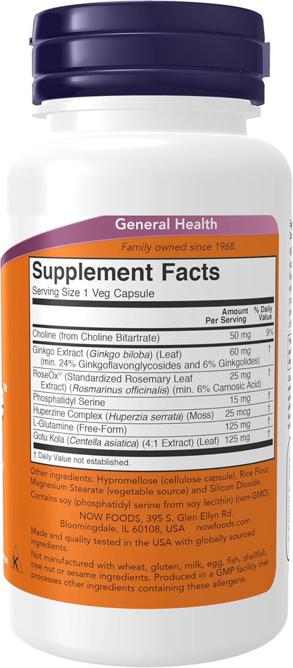 NOW Foods Supplements, Brain Elevate™, Featuring Ginkgo Biloba, RoseOx® and Phosphatidyl Serine, 60 Veg Capsules