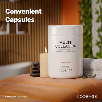 Codeage Multi Collagen Capsules – 5 Collagen Types I, II, III, V & X – Hydrolyzed Grass-Fed Bovine Protein with Ashwagandha, Amla, and Vitamins - 2-Pack