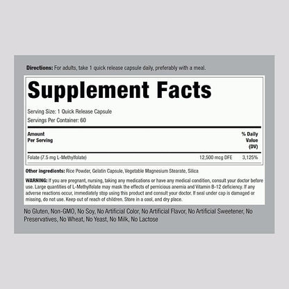 Piping Rock L-Methylfolate 7.5 mg | 60 Capsules | Extra Strength Supplement | Active Folic Acid | Non-GMO, Gluten Free